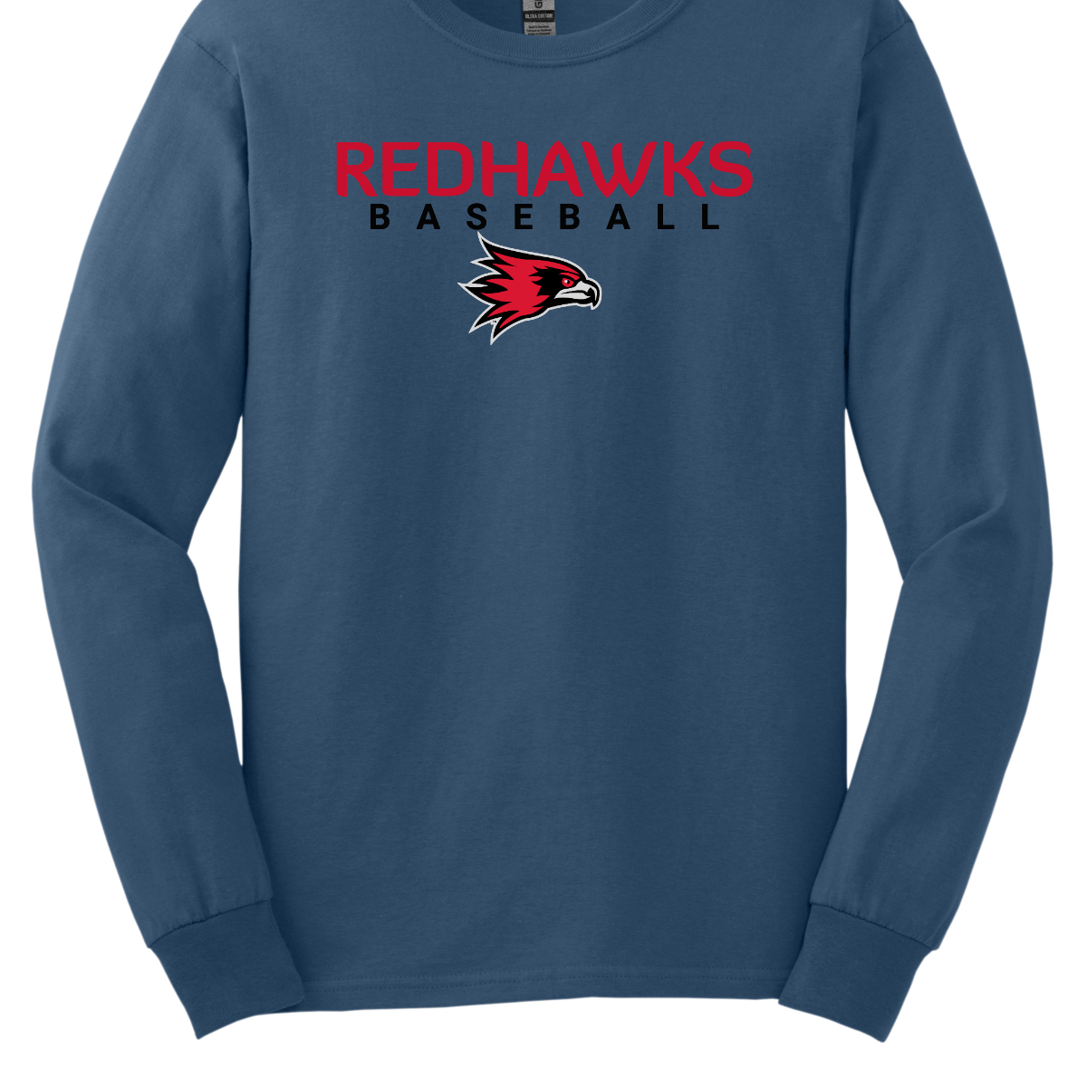 Blue long-sleeve shirt with 'Redhawks Baseball' text and logo on a white background