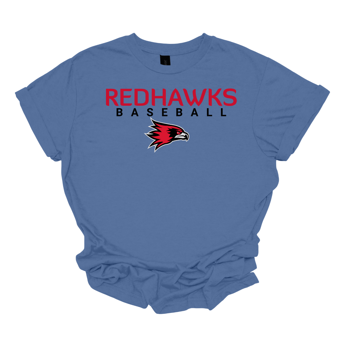 Blue t-shirt with 'Redhawks Baseball' text and logo on a white background