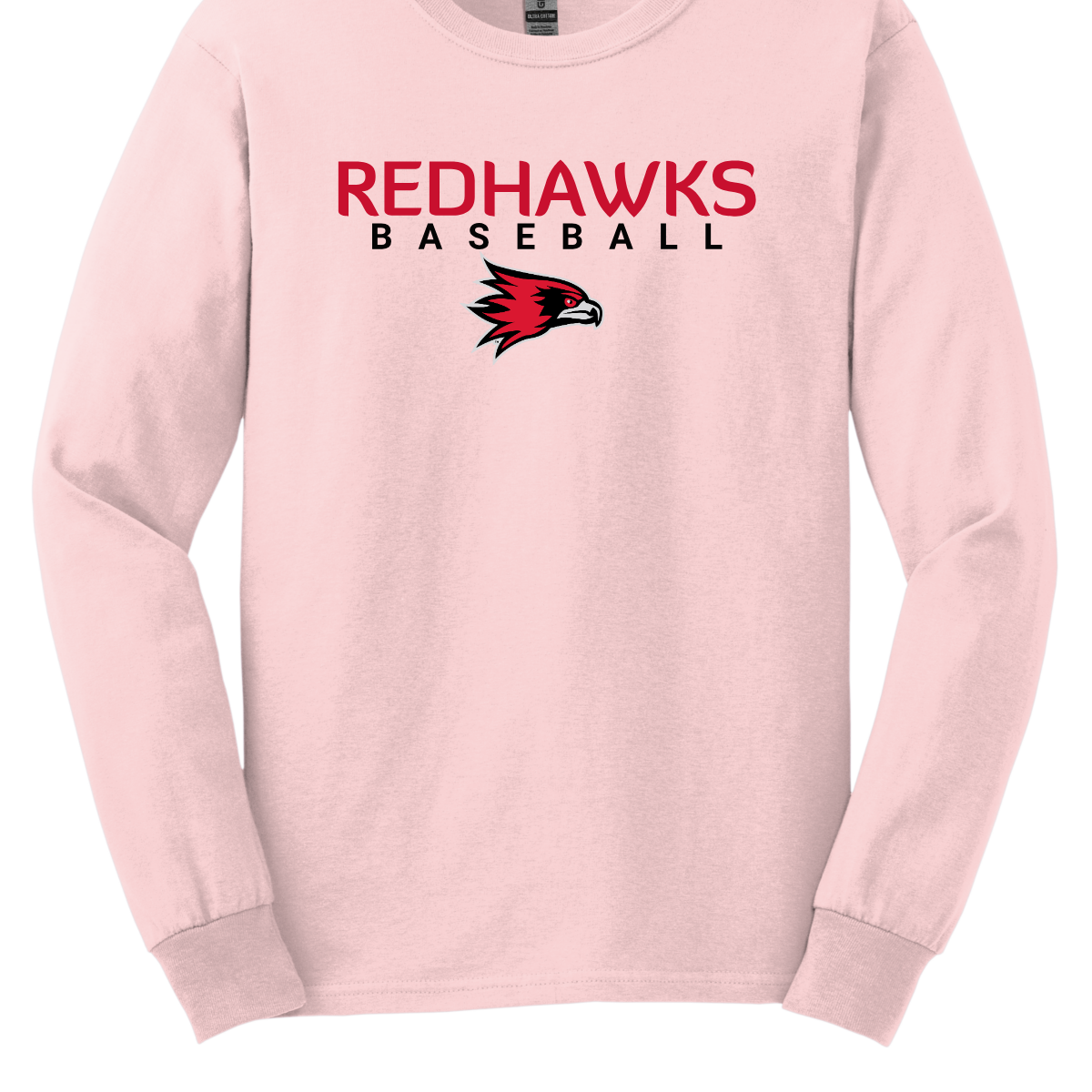Pink long-sleeve shirt with 'Redhawks Baseball' text and logo on a white background