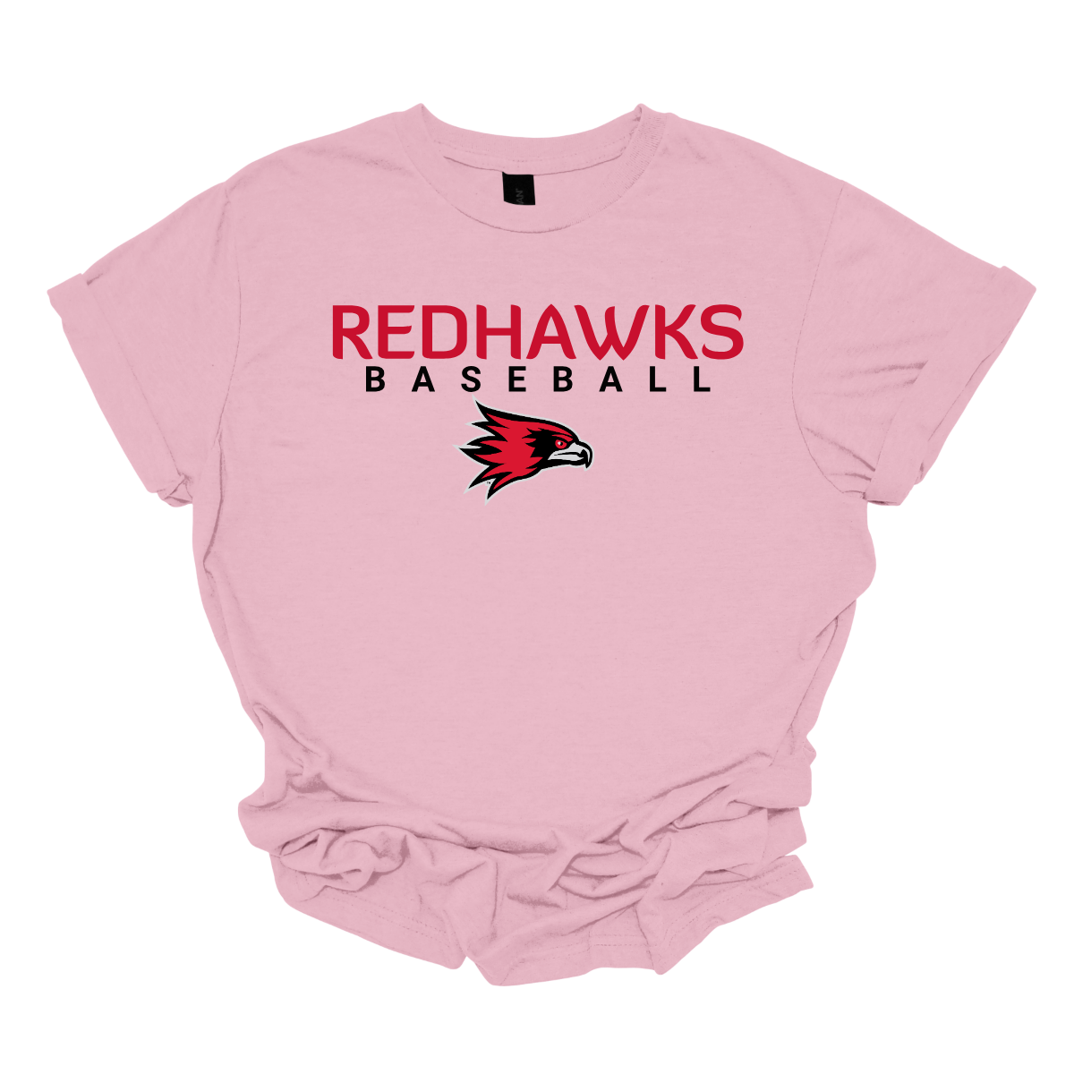 Pink t-shirt with 'Redhawks Baseball' text and logo on a white background