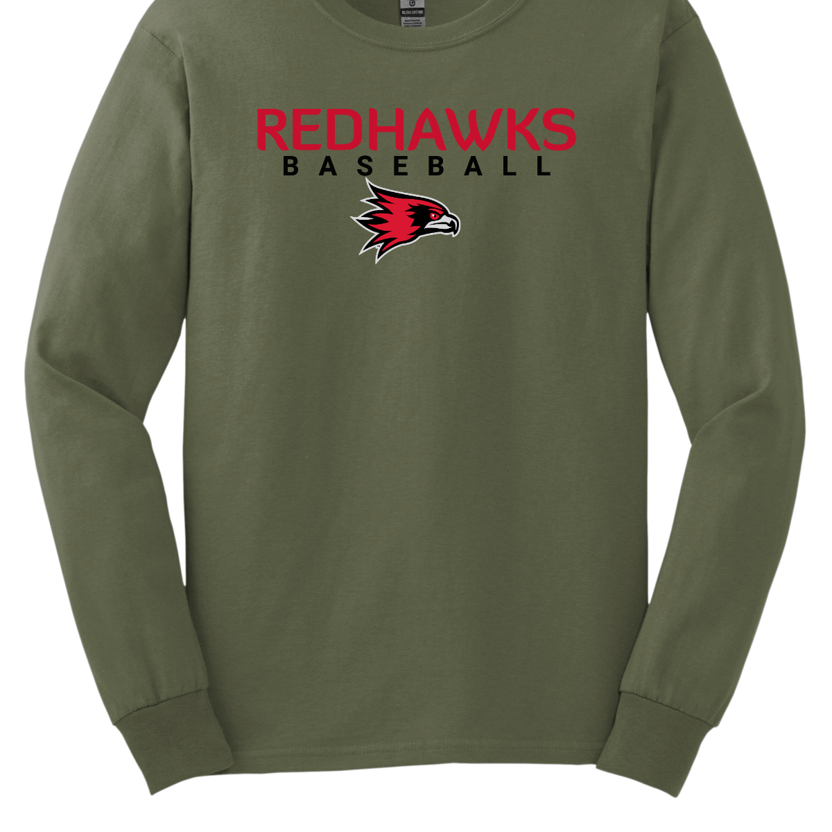 Green long-sleeve shirt with 'Redhawks Baseball' text and logo on a white background
