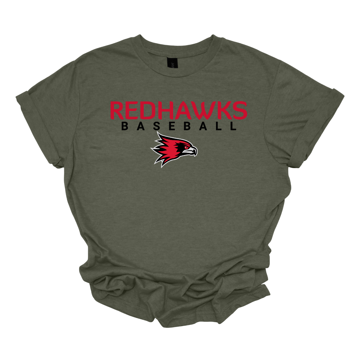 Green t-shirt with 'Redhawks Baseball' text and logo on a white background