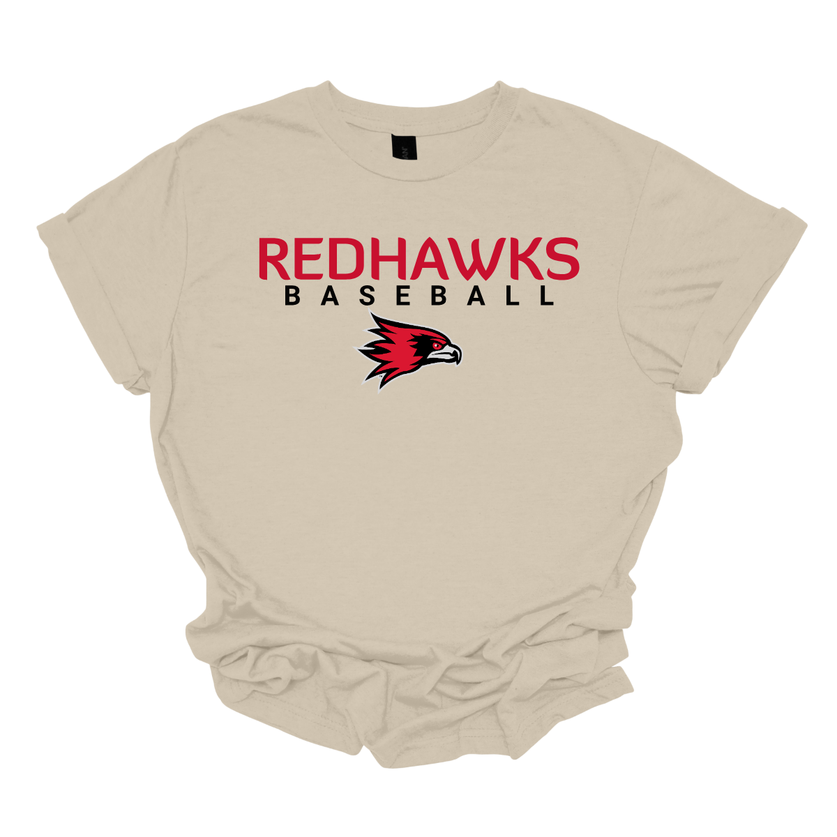 Beige t-shirt with Redhawks Baseball logo on a white background