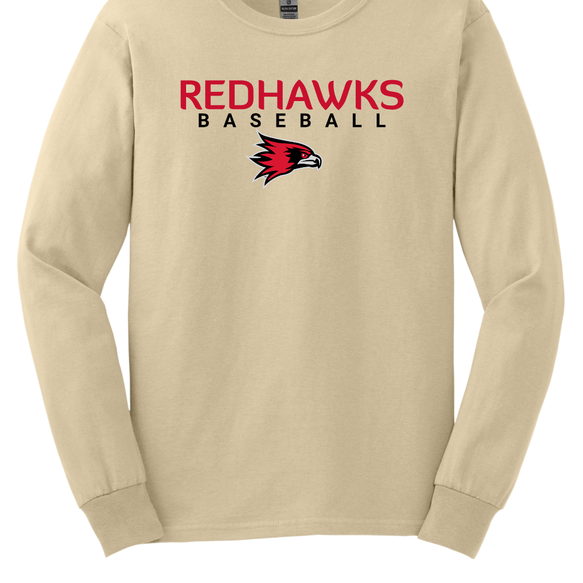 Beige long-sleeve shirt with 'Redhawks Baseball' text and logo on a white background