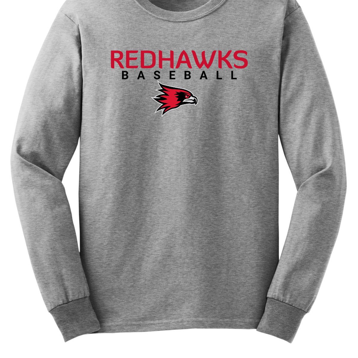 Gray long-sleeve shirt with 'Redhawks Baseball' text and logo on a white background