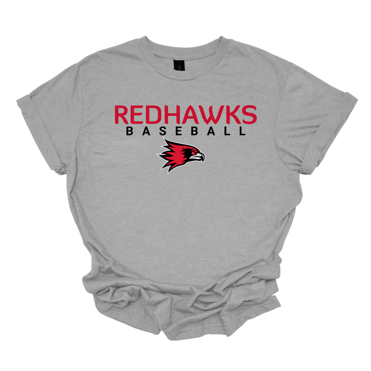 Gray t-shirt with 'Redhawks Baseball' text and logo on a white background