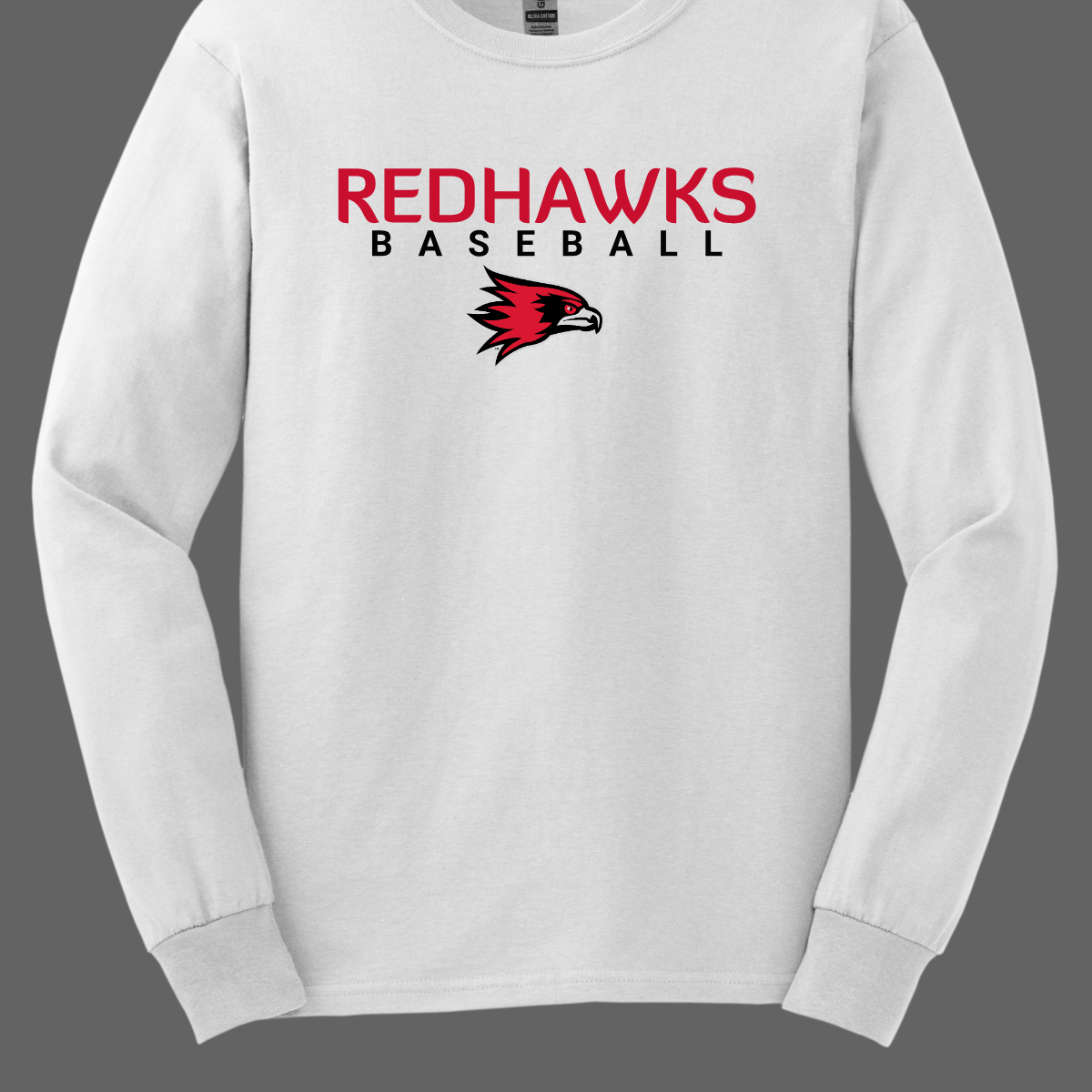 White long-sleeve shirt with 'Redhawks Baseball' text and logo on a gray background
