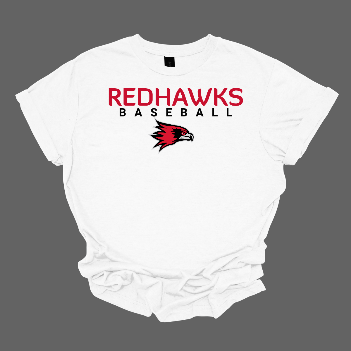 White t-shirt with 'Redhawks Baseball' text and logo on a gray background