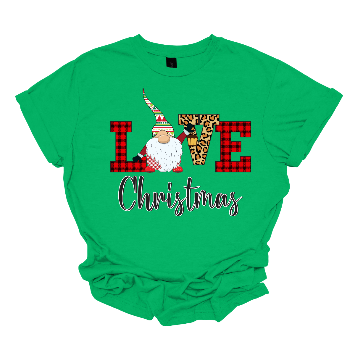 This charming t-shirt showcases the word "LOVE" in a festive and fun design. The letters "L" and "E" are styled in a classic red buffalo plaid, adding a cozy, rustic touch. The "V" pops with a bold cheetah print, bringing an unexpected and trendy flair to the design. The "O" is replaced by an adorable gnome, whose whimsical hat features a cheerful ugly sweater Christmas pattern in vibrant red, green, and white. Shop at Gorgeousware.com