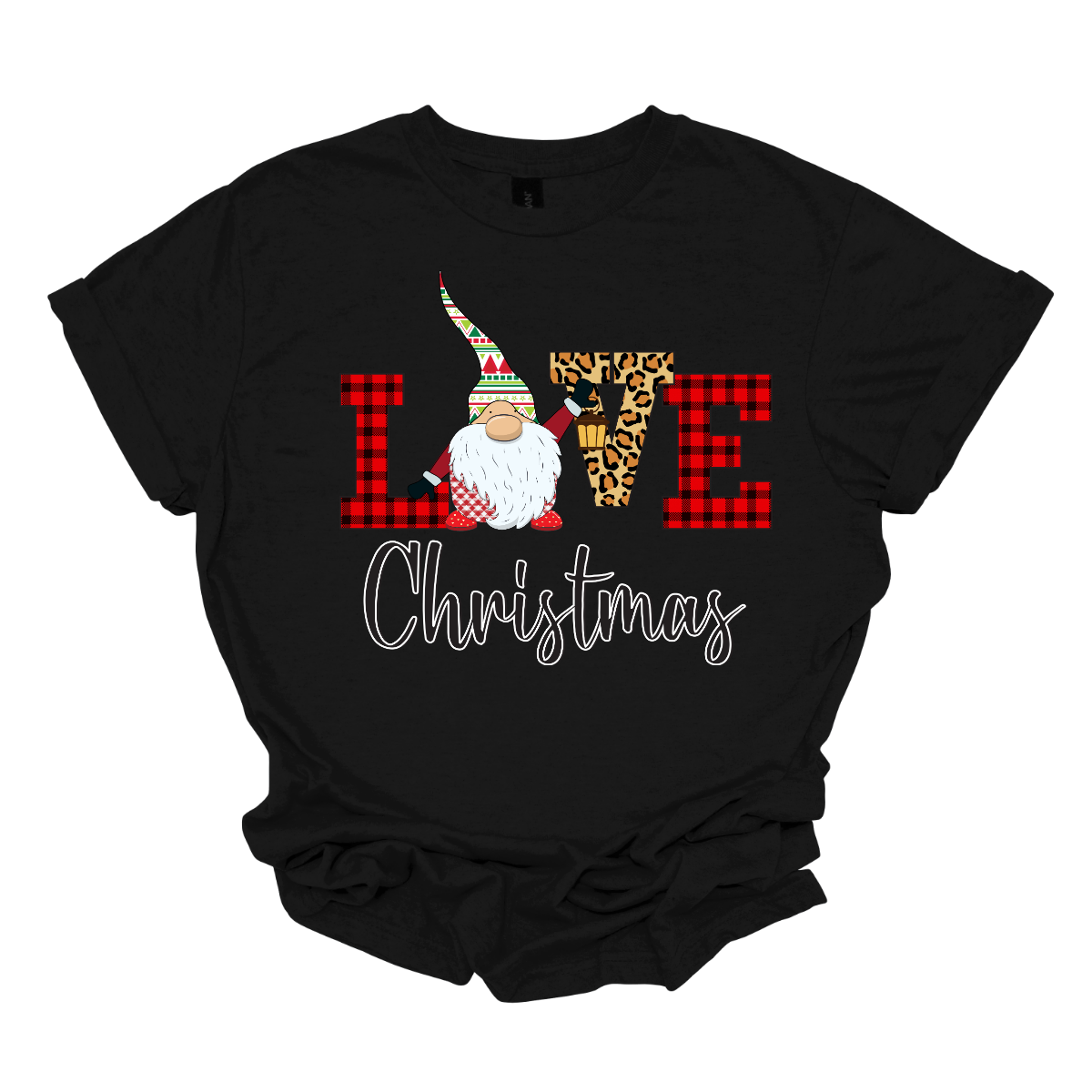 This charming t-shirt showcases the word "LOVE" in a festive and fun design. The letters "L" and "E" are styled in a classic red buffalo plaid, adding a cozy, rustic touch. The "V" pops with a bold cheetah print, bringing an unexpected and trendy flair to the design. The "O" is replaced by an adorable gnome, whose whimsical hat features a cheerful ugly sweater Christmas pattern in vibrant red, green, and white. Shop at Gorgeousware.com