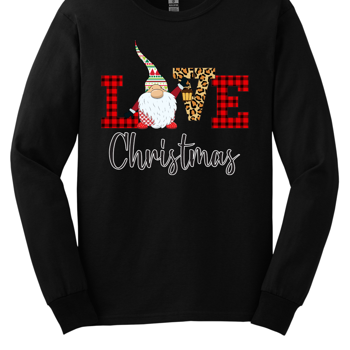 This charming t-shirt showcases the word "LOVE" in a festive and fun design. The letters "L" and "E" are styled in a classic red buffalo plaid, adding a cozy, rustic touch. The "V" pops with a bold cheetah print, bringing an unexpected and trendy flair to the design. The "O" is replaced by an adorable gnome, whose whimsical hat features a cheerful ugly sweater Christmas pattern in vibrant red, green, and white. Shop at Gorgeousware.com