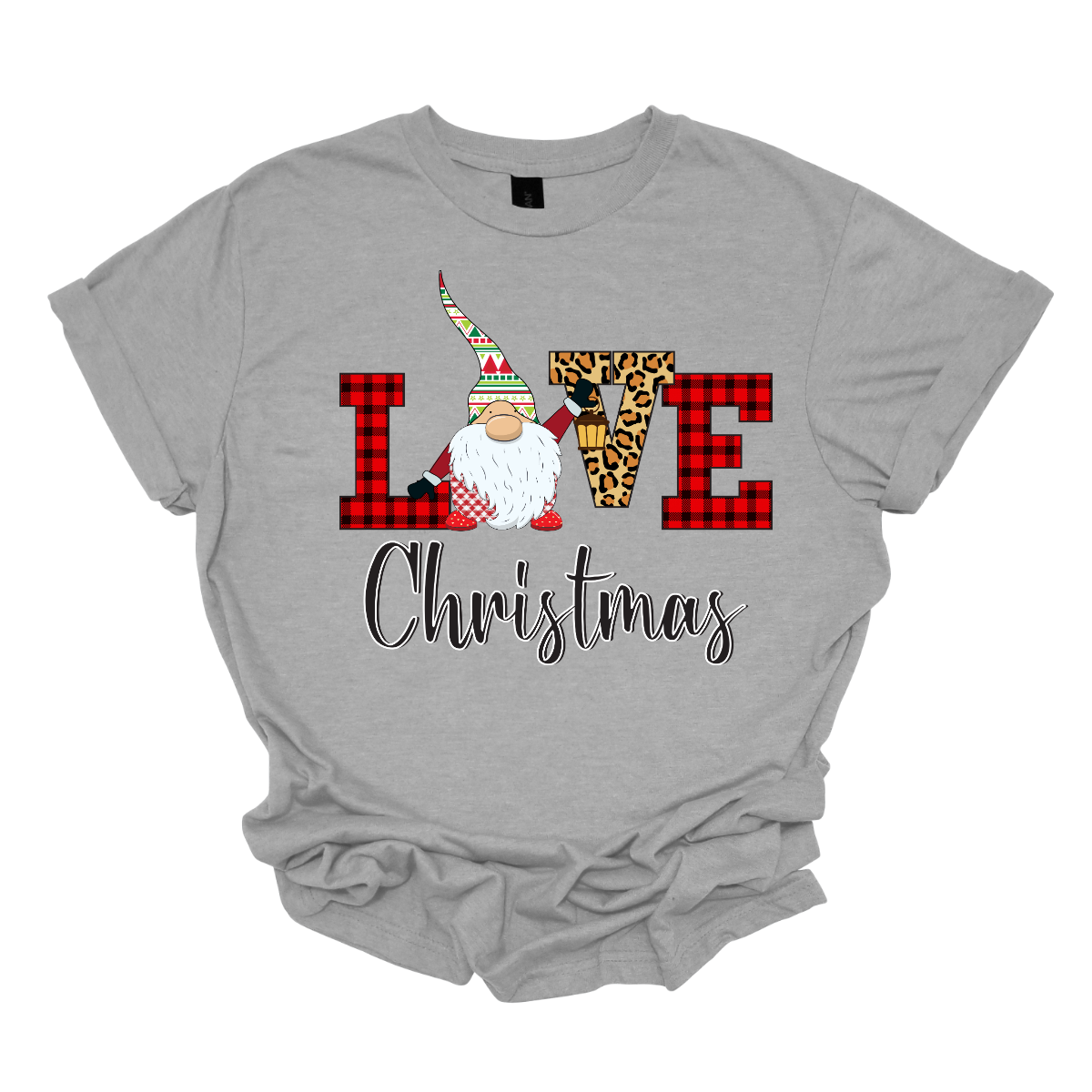 This charming t-shirt showcases the word "LOVE" in a festive and fun design. The letters "L" and "E" are styled in a classic red buffalo plaid, adding a cozy, rustic touch. The "V" pops with a bold cheetah print, bringing an unexpected and trendy flair to the design. The "O" is replaced by an adorable gnome, whose whimsical hat features a cheerful ugly sweater Christmas pattern in vibrant red, green, and white. Shop at Gorgeousware.com