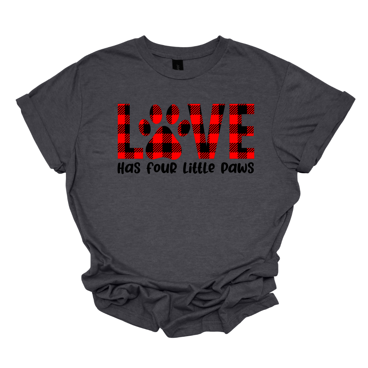  Declare your love for furry companions with our 'LOVE has Four Little Paws' T-shirt, featuring an adorable paw print in black and red plaid and a paw as the 'O'. This tee is a heartwarming tribute to the joy that pets bring into our lives. The charming plaid design adds a touch of rustic  charm, creating a perfect blend of style and sentiment. Shop at Gorgeousware.com today!