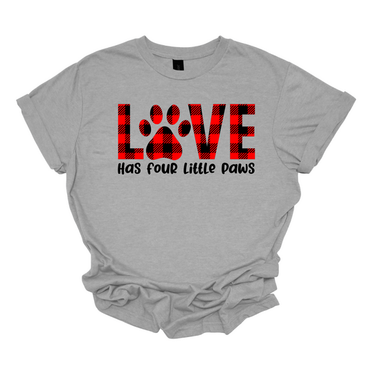 Declare your love for furry companions with our 'LOVE has Four Little Paws' T-shirt, featuring an adorable paw print in black and red plaid and a paw as the 'O'. This tee is a heartwarming tribute to the joy that pets bring into our lives. The charming plaid design adds a touch of rustic  charm, creating a perfect blend of style and sentiment. Shop at Gorgeousware.com today!