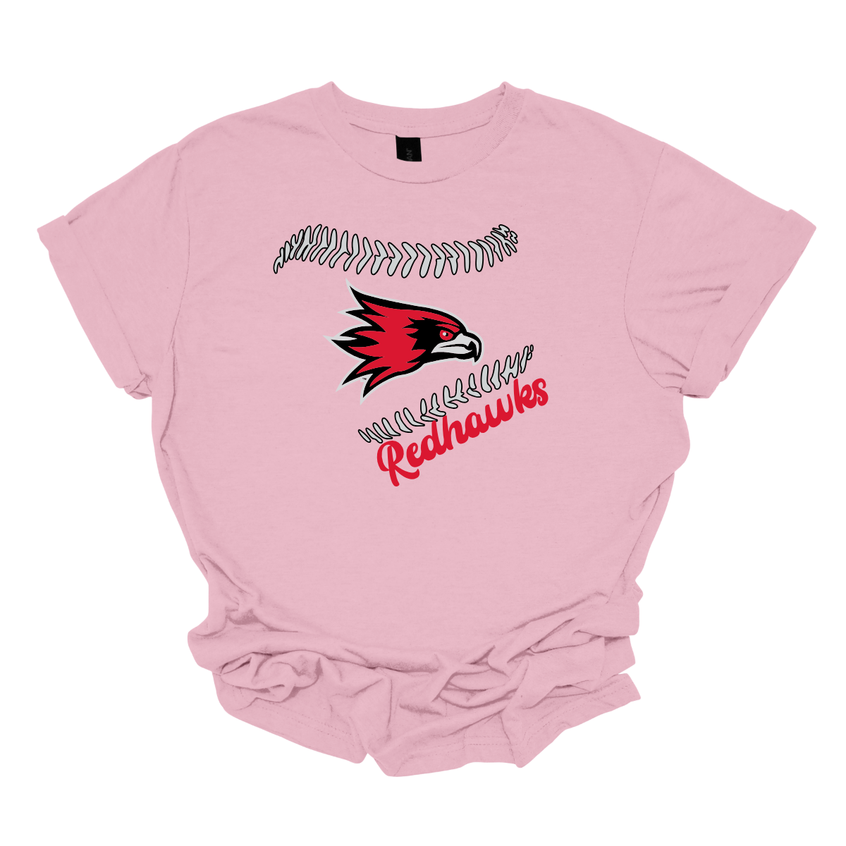 Pink t-shirt with a red and black redhawk logo and 'Redhawks' text on a white background