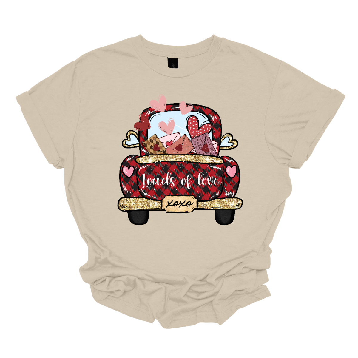 Introducing our "Loads of Love" T-shirt – a heartwarming and charming garment that combines the rustic charm of a red and black plaid pickup truck with a generous load of love letters and hearts. This shirt features the back end of a pickup truck filled to the brim with sentiments of love. The truck bed is overflowing with an abundance of love letters, each sealed with care, and accompanied by whimsical hearts. Shop at Gorgeousware.com