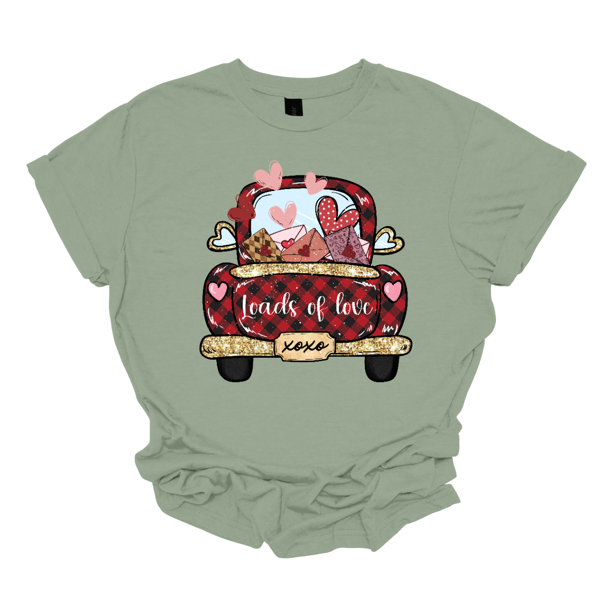 Introducing our "Loads of Love" T-shirt – a heartwarming and charming garment that combines the rustic charm of a red and black plaid pickup truck with a generous load of love letters and hearts. This shirt features the back end of a pickup truck filled to the brim with sentiments of love. The truck bed is overflowing with an abundance of love letters, each sealed with care, and accompanied by whimsical hearts. Shop at Gorgeousware.com