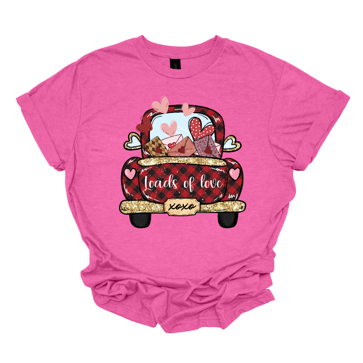 Introducing our "Loads of Love" T-shirt – a heartwarming and charming garment that combines the rustic charm of a red and black plaid pickup truck with a generous load of love letters and hearts. This shirt features the back end of a pickup truck filled to the brim with sentiments of love. The truck bed is overflowing with an abundance of love letters, each sealed with care, and accompanied by whimsical hearts. Shop at Gorgeousware.com