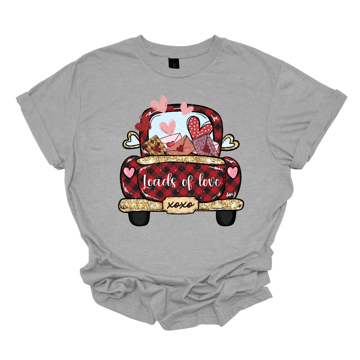 Introducing our "Loads of Love" T-shirt – a heartwarming and charming garment that combines the rustic charm of a red and black plaid pickup truck with a generous load of love letters and hearts. This shirt features the back end of a pickup truck filled to the brim with sentiments of love.  The truck bed is overflowing with an abundance of love letters, each sealed with care, and accompanied by whimsical hearts. Shop at Gorgeousware.com