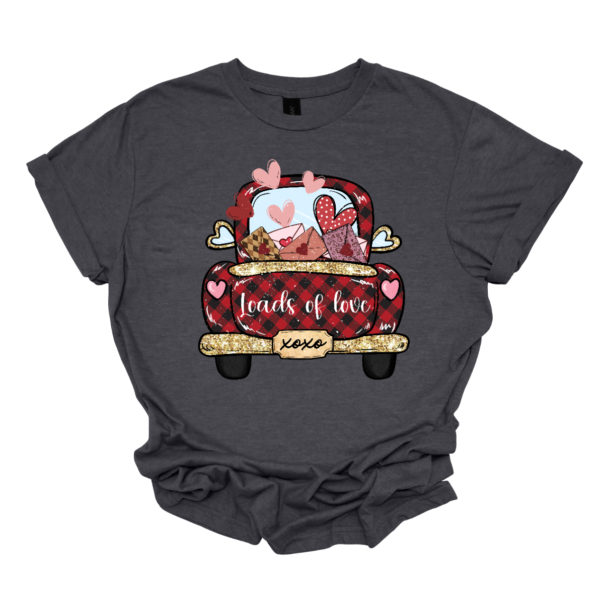 Introducing our "Loads of Love" T-shirt – a heartwarming and charming garment that combines the rustic charm of a red and black plaid pickup truck with a generous load of love letters and hearts. This shirt features the back end of a pickup truck filled to the brim with sentiments of love. The truck bed is overflowing with an abundance of love letters, each sealed with care, and accompanied by whimsical hearts. Shop at Gorgeousware.com