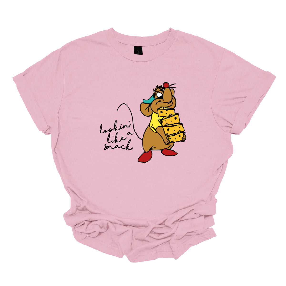 This t-shirt showcases a fun and cheeky design with the playful phrase "Lookin' Like a Snack" written in a delicate black cursive font that adds a touch of elegance. The text is both stylish and sassy, making a light-hearted statement.&nbsp;Adjacent to the text, there's an adorable illustration of the cartoon character Gus Gus from Cinderella. Gus Gus is depicted carrying a blocks of cheese stacked high, balancing it on his chin with a charmingly clumsy look. Shop Gorgeousware.com