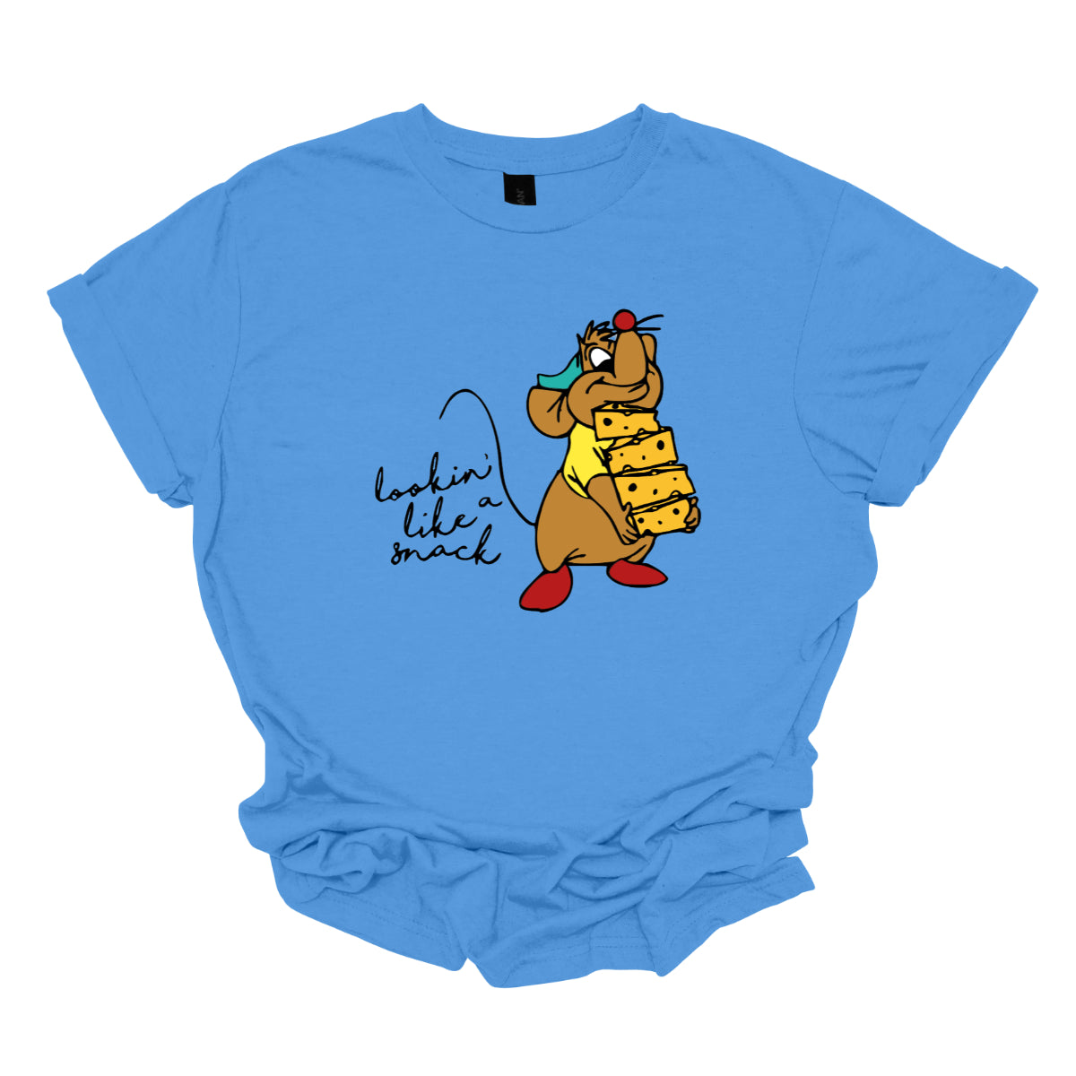 This t-shirt showcases a fun and cheeky design with the playful phrase "Lookin' Like a Snack" written in a delicate black cursive font that adds a touch of elegance. The text is both stylish and sassy, making a light-hearted statement.&nbsp;Adjacent to the text, there's an adorable illustration of the cartoon character Gus Gus from Cinderella. Gus Gus is depicted carrying a blocks of cheese stacked high, balancing it on his chin with a charmingly clumsy look. Shop Gorgeousware.com