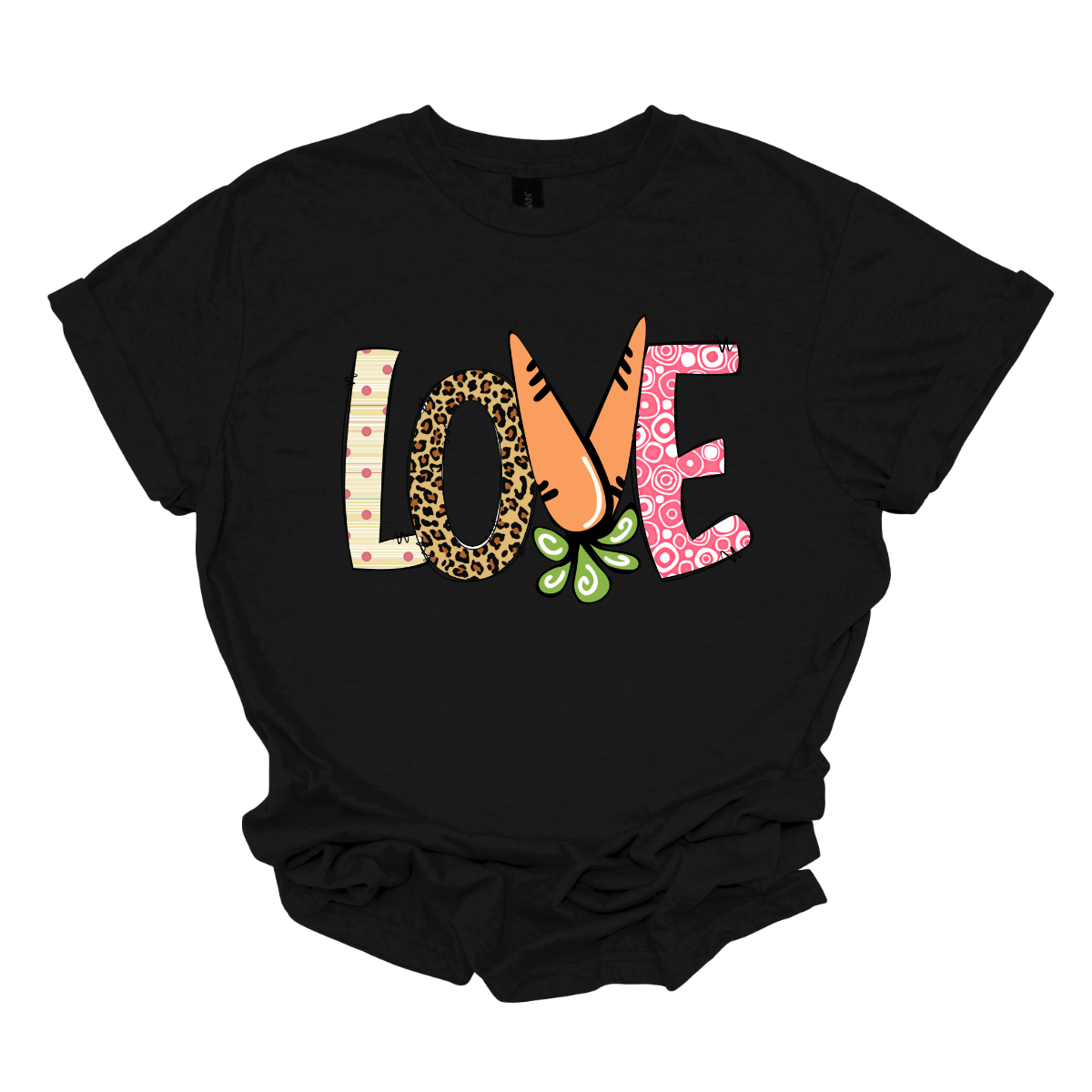 Get ready to celebrate Easter in style with our vibrant 'love' T-shirt! Each letter is adorned with a different spring pattern, capturing the essence of the season's beauty and renewal. But it's the 'V' that steals the show, cleverly crafted as two carrots, symbolizing growth and abundance.