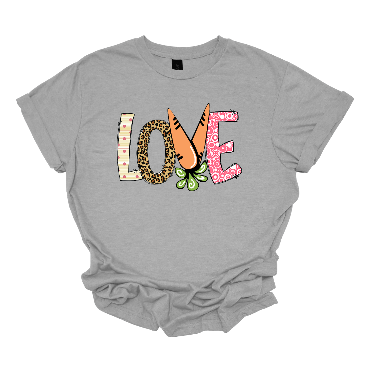 Get ready to celebrate Easter in style with our vibrant 'love' T-shirt! Each letter is adorned with a different spring pattern, capturing the essence of the season's beauty and renewal. But it's the 'V' that steals the show, cleverly crafted as two carrots, symbolizing growth and abundance.