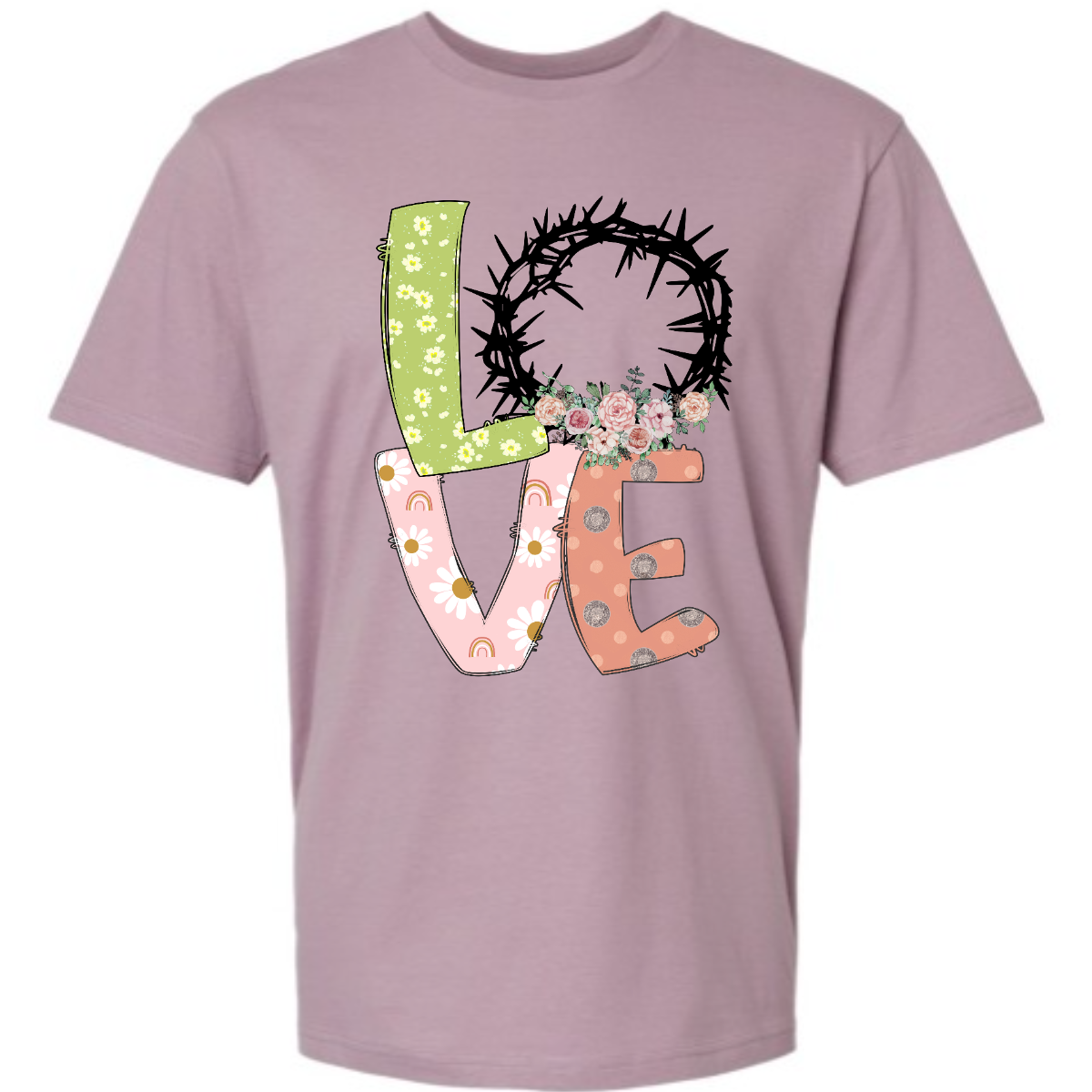 Embrace the true meaning of Easter with our captivating 'Love' T-shirt! Each letter is adorned with a different spring design, celebrating the season's beauty and renewal. But it's the 'O' that truly captures the essence of Easter, as it's ingeniously crafted into a crown of thorns, symbolizing the sacrifice and love of Jesus Christ. Shop now at Gorgeousware.com!