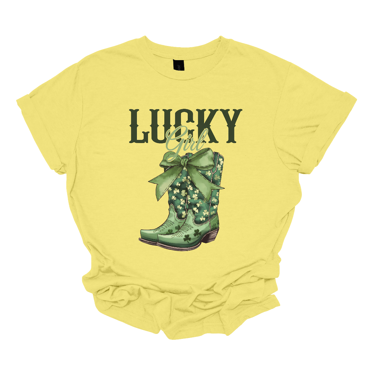 This St. Patrick's Day t-shirt features the word "Lucky" in big, bold military green letters, inspired by the iconic Lucky brand style. Below, the word "girl" is elegantly written in a lighter green, beautiful font, adding a soft touch. Beneath it, a pair of cowgirl boots with a large green bow at the top make a statement. Celebrate in style this St. Patrick's Day with this charming design, available at Gorgeousware.com