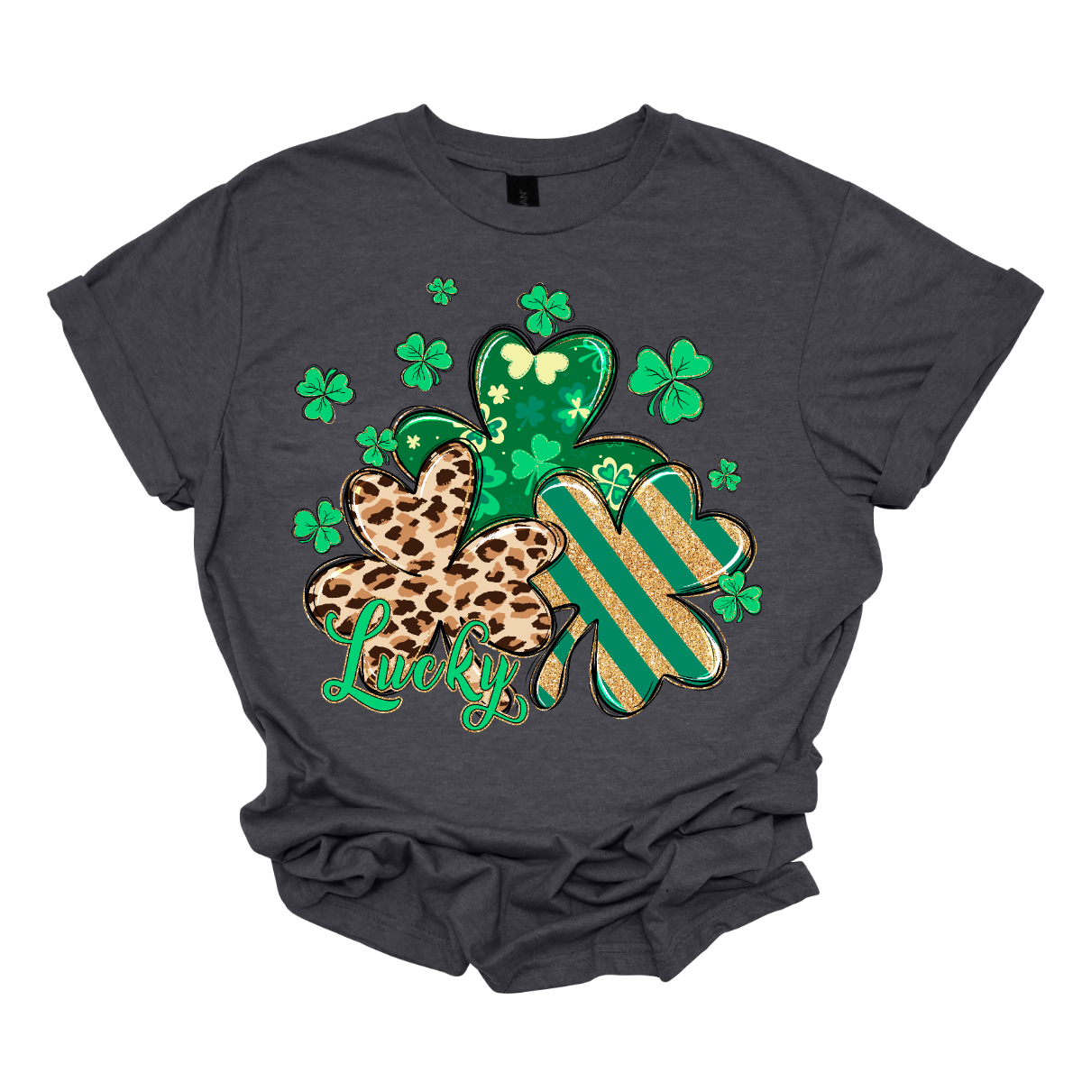 Embrace the luck of the Irish with our spirited St. Patrick's Day shirt featuring a playful twist! Our 'Lucky' shirt boasts a lively pattern of classic shamrocks, including a bold cheetah print shamrock for a touch of wild charm. Shop at Gorgeousware.com