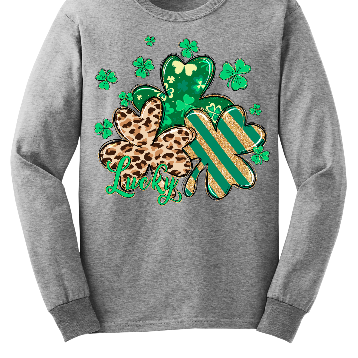 Embrace the luck of the Irish with our spirited St. Patrick's Day shirt featuring a playful twist! Our 'Lucky' shirt boasts a lively pattern of classic shamrocks, including a bold cheetah print shamrock for a touch of wild charm. Shop at Gorgeousware.com