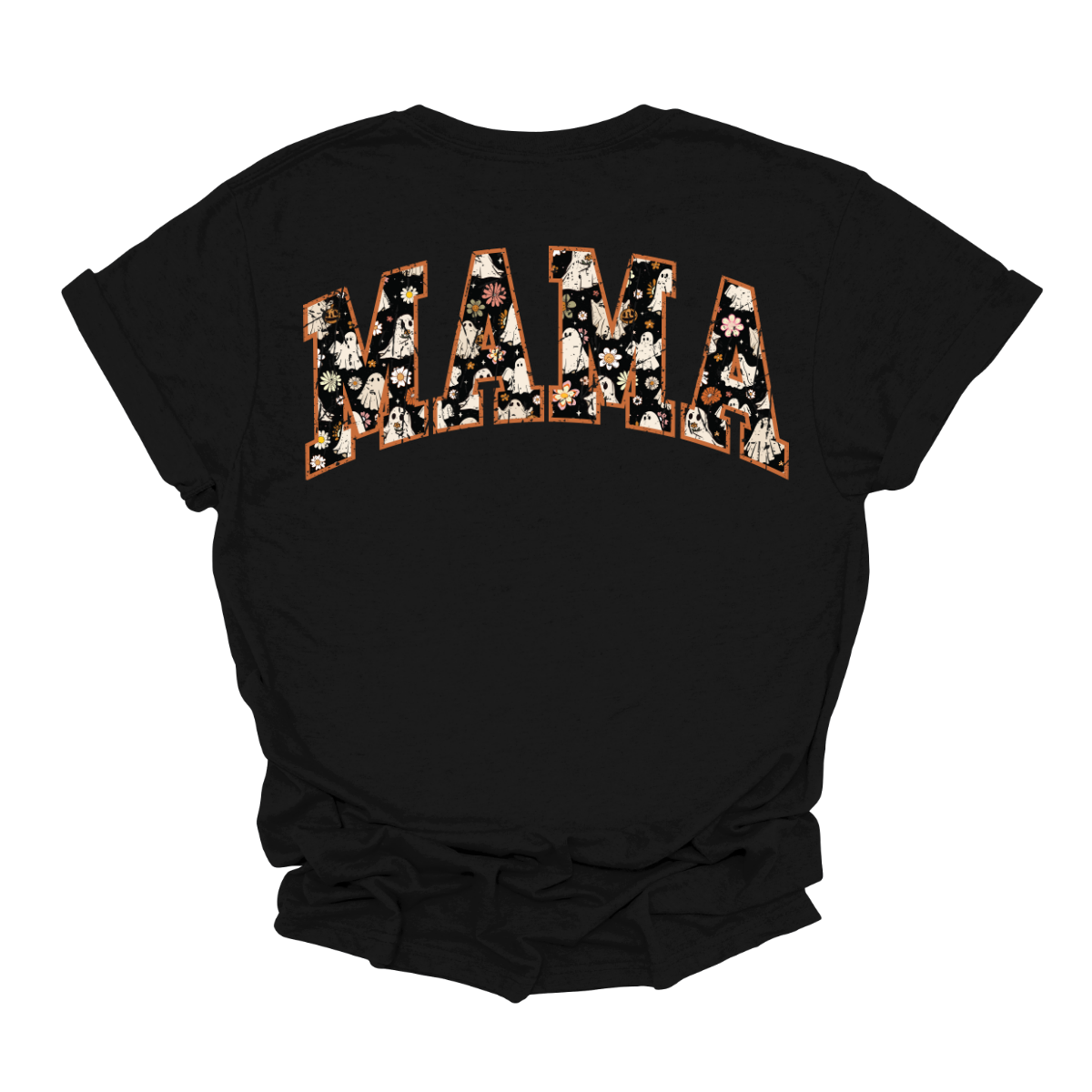 Embrace the season with our Retro 'MAMA' tee, where vintage vibes meet whimsical charm! This shirt features the word 'MAMA' in a playful retro font, adorned with an enchanting pattern of cute ghosts and autumn florals. Each letter is a delightful mix of spooky and sweet, showcasing tiny, friendly ghosts amidst vibrant fall blooms. Crafted from soft, high-quality fabric, this tee is perfect for adding a touch of seasonal spirit to your wardrobe.  Shop at Gorgeousware.com