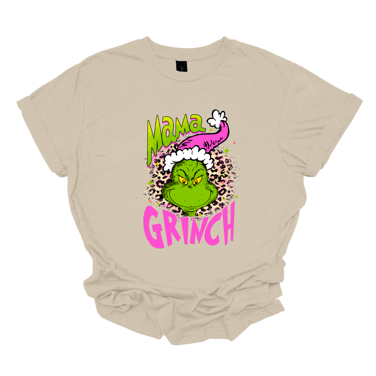 At the center of the design is the phrase "Mama Grinch," rendered in a whimsical, Grinch-style font. The word "Mama" pops in a vibrant green color with a delicate pink shadow that adds a touch of charm. The word "Grinch" contrasts in a bold, eye-catching pink that stands out against the green.&nbsp;Between the two words, there's a delightful illustration of the Grinch himself. He's sporting a cute pink and white Santa hat, which adds a fun and seasonal flair. Shop Gorgeousware.com