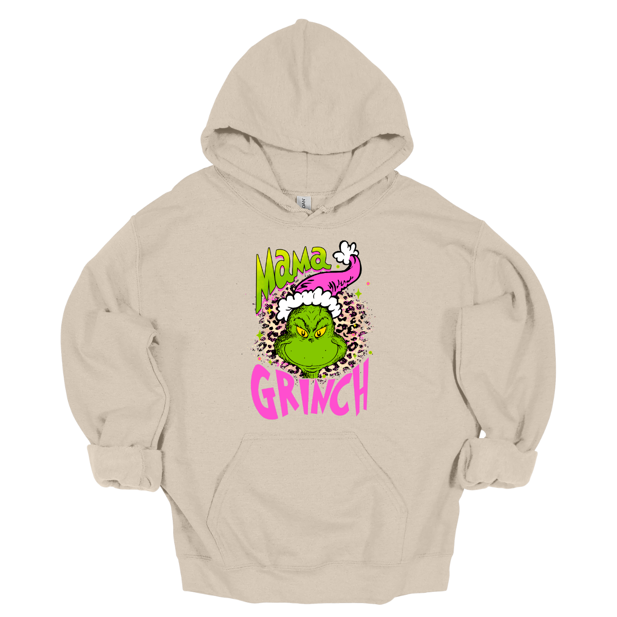 At the center of the design is the phrase "Mama Grinch," rendered in a whimsical, Grinch-style font. The word "Mama" pops in a vibrant green color with a delicate pink shadow that adds a touch of charm. The word "Grinch" contrasts in a bold, eye-catching pink that stands out against the green.&nbsp;Between the two words, there's a delightful illustration of the Grinch himself. He's sporting a cute pink and white Santa hat, which adds a fun and seasonal flair. Shop Gorgeousware.com