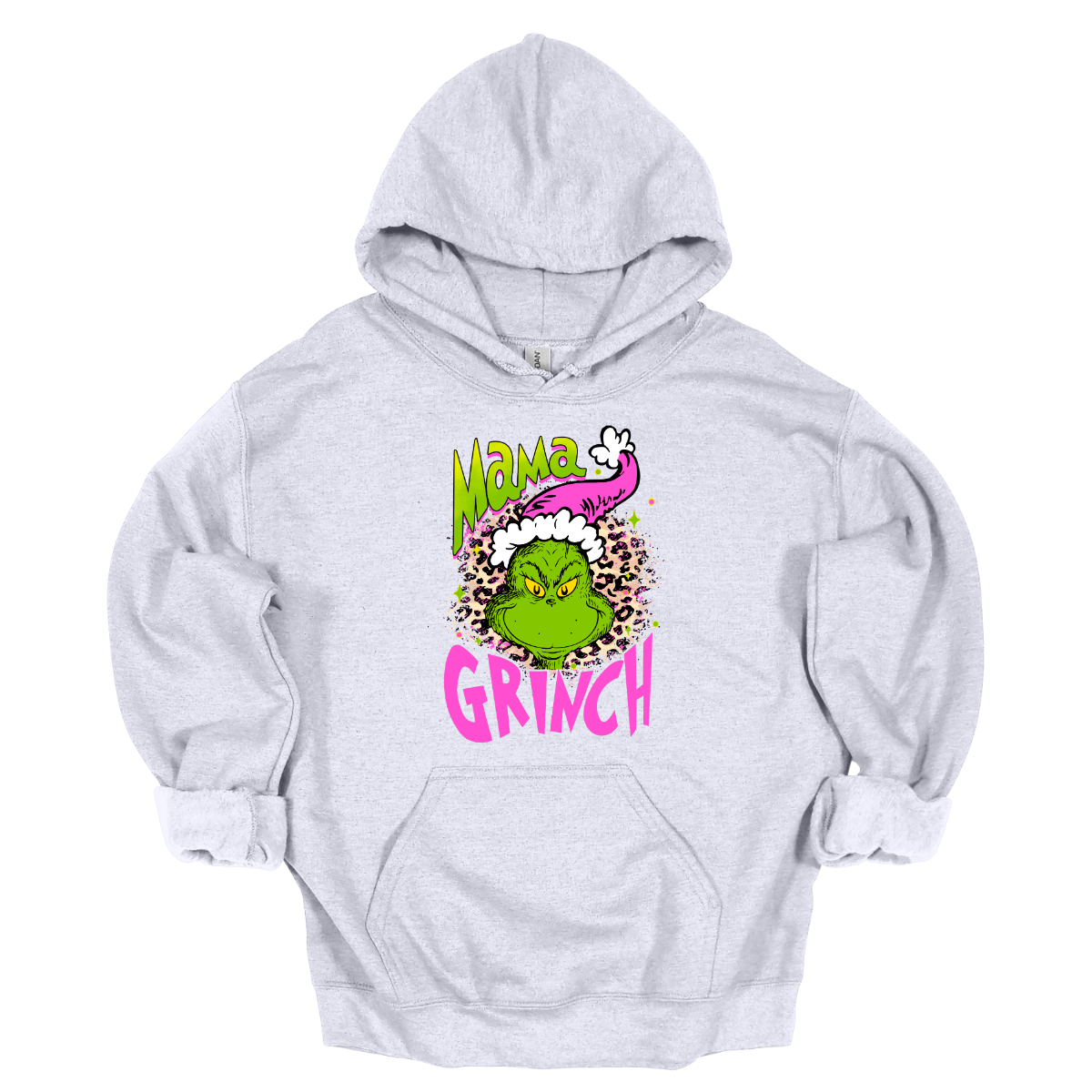 At the center of the design is the phrase "Mama Grinch," rendered in a whimsical, Grinch-style font. The word "Mama" pops in a vibrant green color with a delicate pink shadow that adds a touch of charm. The word "Grinch" contrasts in a bold, eye-catching pink that stands out against the green.&nbsp;Between the two words, there's a delightful illustration of the Grinch himself. He's sporting a cute pink and white Santa hat, which adds a fun and seasonal flair. Shop Gorgeousware.com