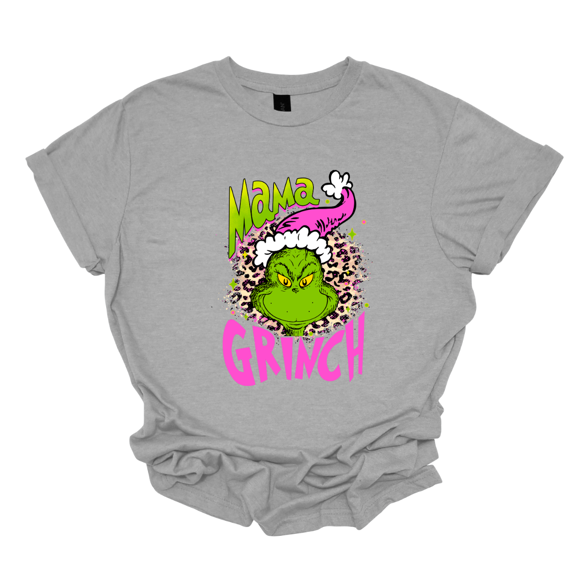 At the center of the design is the phrase "Mama Grinch," rendered in a whimsical, Grinch-style font. The word "Mama" pops in a vibrant green color with a delicate pink shadow that adds a touch of charm. The word "Grinch" contrasts in a bold, eye-catching pink that stands out against the green.&nbsp;Between the two words, there's a delightful illustration of the Grinch himself. He's sporting a cute pink and white Santa hat, which adds a fun and seasonal flair. Shop Gorgeousware.com