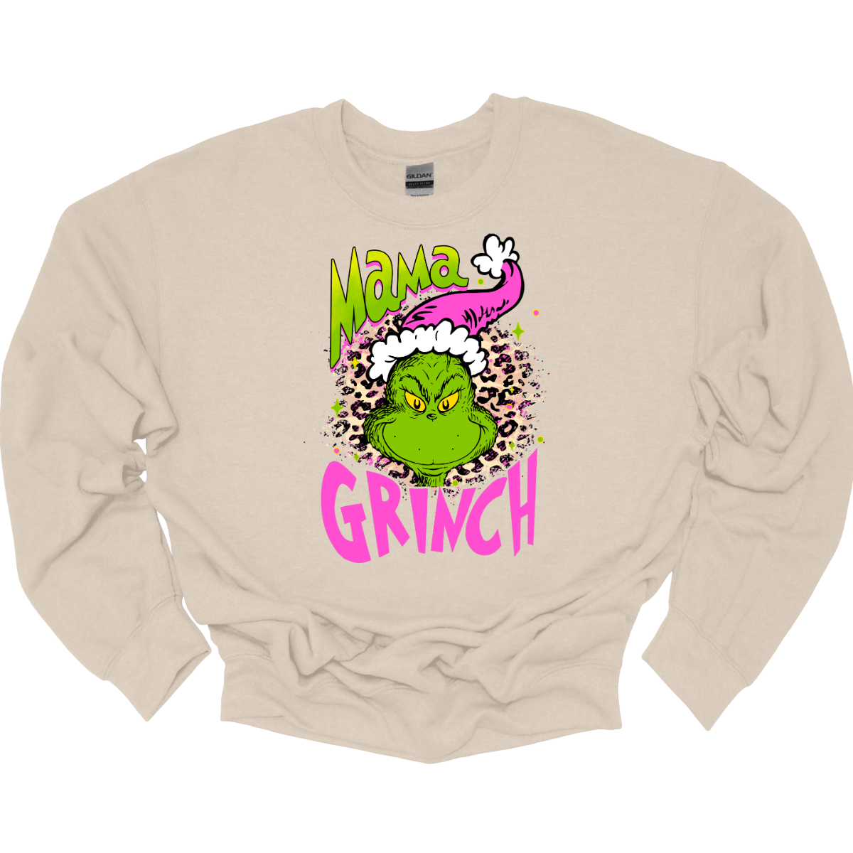 At the center of the design is the phrase "Mama Grinch," rendered in a whimsical, Grinch-style font. The word "Mama" pops in a vibrant green color with a delicate pink shadow that adds a touch of charm. The word "Grinch" contrasts in a bold, eye-catching pink that stands out against the green.&nbsp;Between the two words, there's a delightful illustration of the Grinch himself. He's sporting a cute pink and white Santa hat, which adds a fun and seasonal flair. Shop Gorgeousware.com