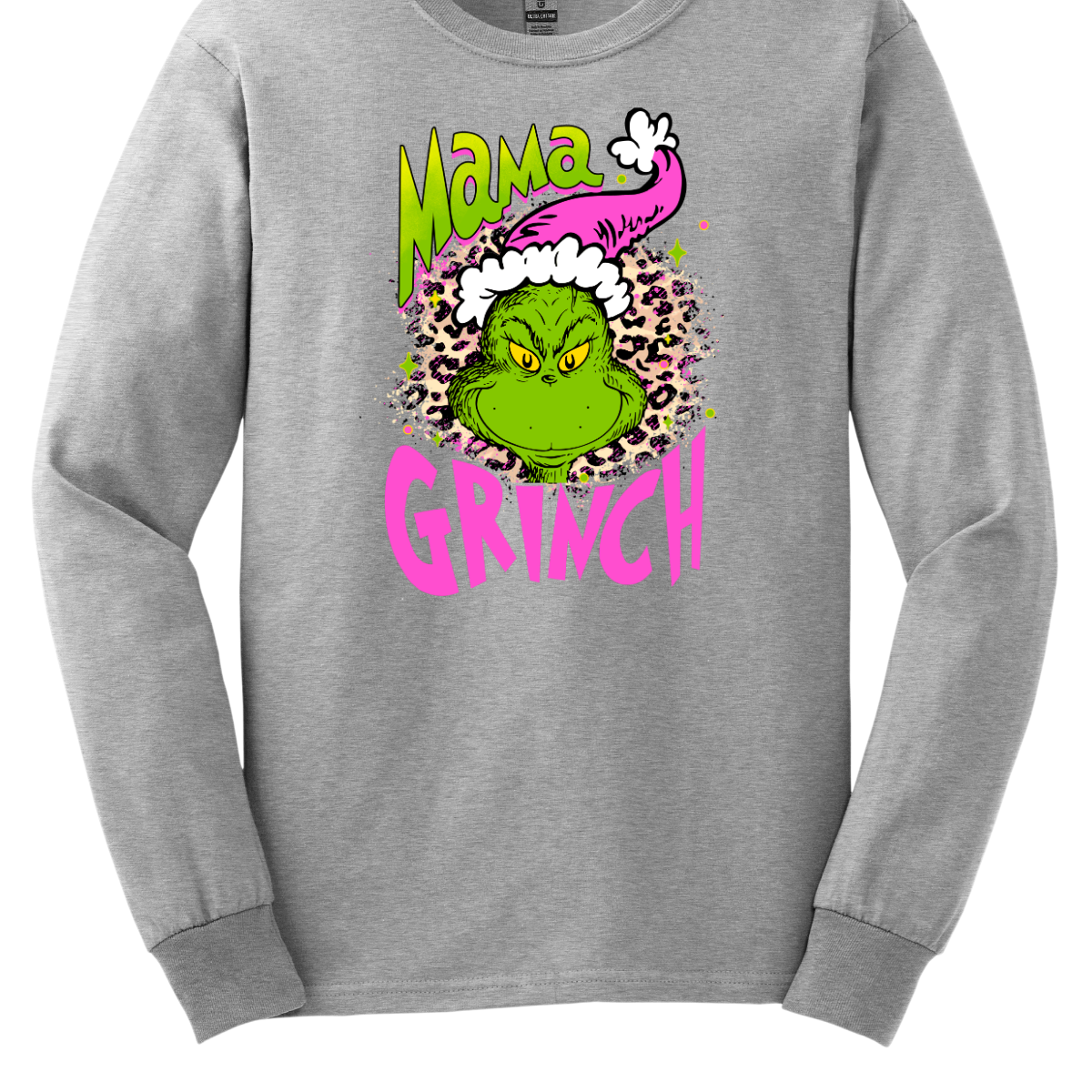 At the center of the design is the phrase "Mama Grinch," rendered in a whimsical, Grinch-style font. The word "Mama" pops in a vibrant green color with a delicate pink shadow that adds a touch of charm. The word "Grinch" contrasts in a bold, eye-catching pink that stands out against the green.&nbsp;Between the two words, there's a delightful illustration of the Grinch himself. He's sporting a cute pink and white Santa hat, which adds a fun and seasonal flair. Shop Gorgeousware.com