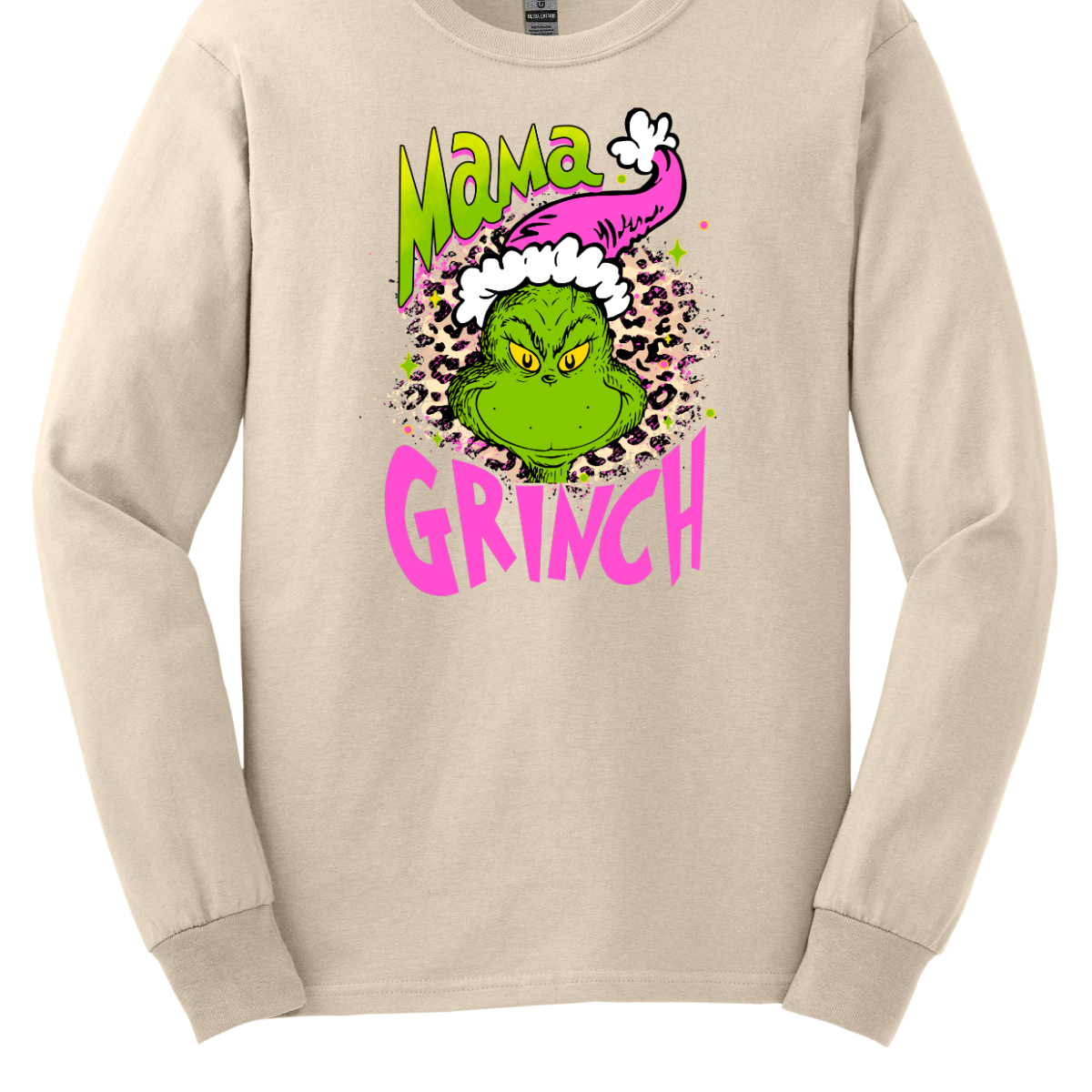 At the center of the design is the phrase "Mama Grinch," rendered in a whimsical, Grinch-style font. The word "Mama" pops in a vibrant green color with a delicate pink shadow that adds a touch of charm. The word "Grinch" contrasts in a bold, eye-catching pink that stands out against the green.&nbsp;Between the two words, there's a delightful illustration of the Grinch himself. He's sporting a cute pink and white Santa hat, which adds a fun and seasonal flair. Shop Gorgeousware.com