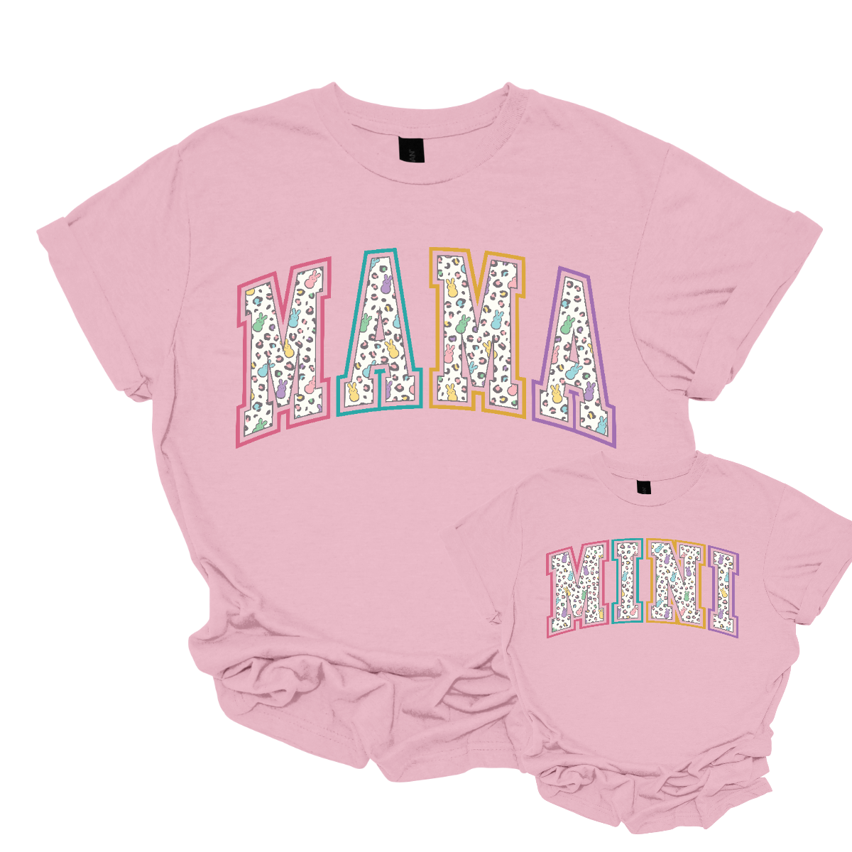 "Mama" and "Mini" Easter T-shirts - Celebrate the bond between mother and child with our charming matching set! Adorned with adorable peeps forming the words "Mama" and "Mini," these Easter-themed shirts are as sweet as can be. Whether you're hunting for eggs, enjoying a springtime picnic, or simply spending quality time together, these shirts are the perfect way to showcase your special connection. Shop at Gorgeousware.com