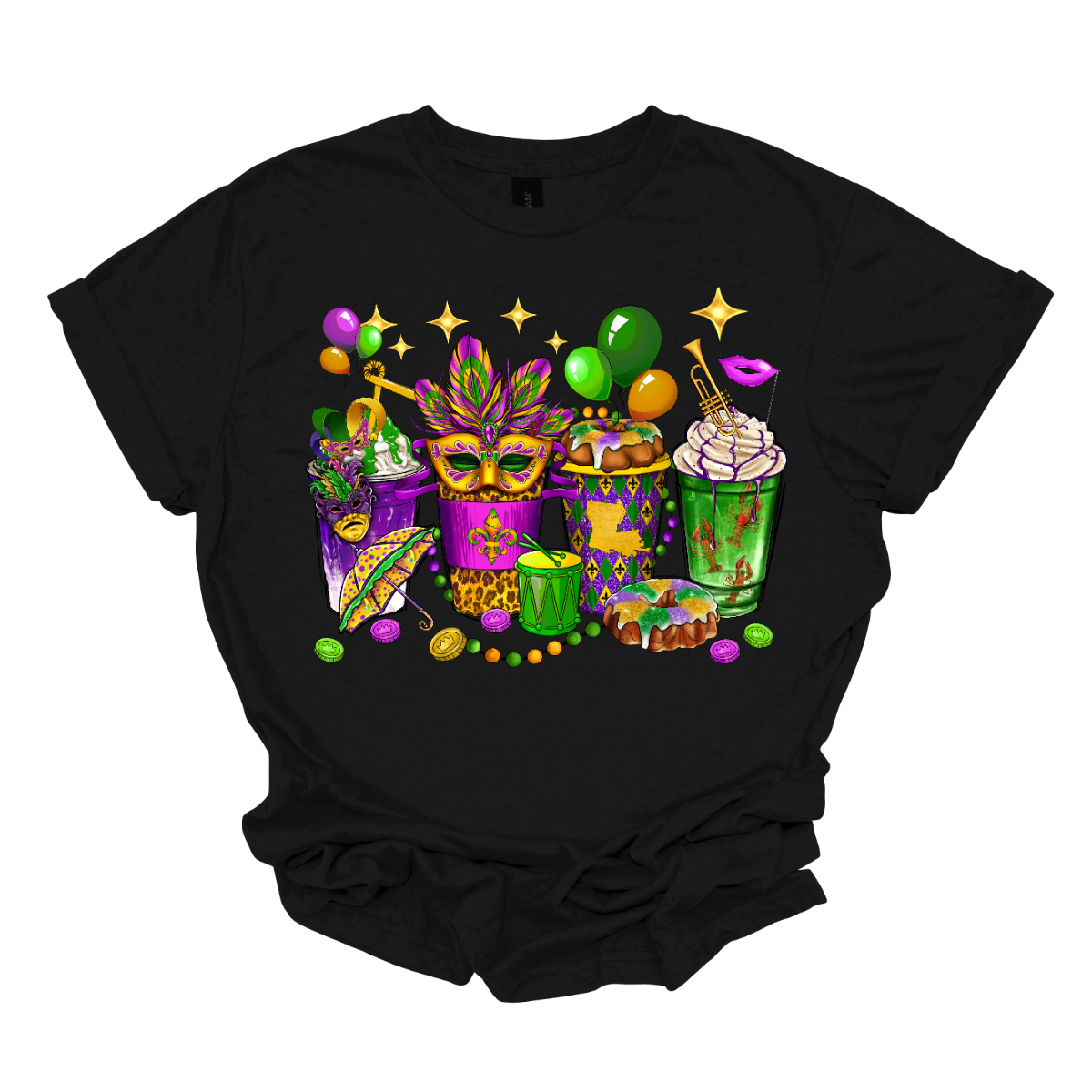 A vibrant and spirited homage to the lively festivities of this iconic carnival celebration. This shirt is a visual masterpiece, adorned with a dazzling array of symbols that encapsulate the true essence of Mardi Gras. From the intricate masquerade masks that evoke the mystery and allure of the carnival to the beaded necklaces that symbolize the joyous spirit of giving, this T-shirt is a tapestry of Mardi Gras symbols. Shop at Gorgeousware.com