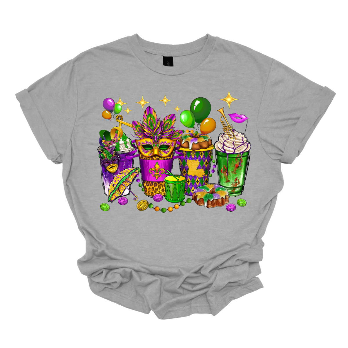 A vibrant and spirited homage to the lively festivities of this iconic carnival celebration. This shirt is a visual masterpiece, adorned with a dazzling array of symbols that encapsulate the true essence of Mardi Gras. From the intricate masquerade masks that evoke the mystery and allure of the carnival to the beaded necklaces that symbolize the joyous spirit of giving, this T-shirt is a tapestry of Mardi Gras symbols. Shop at Gorgeousware.com