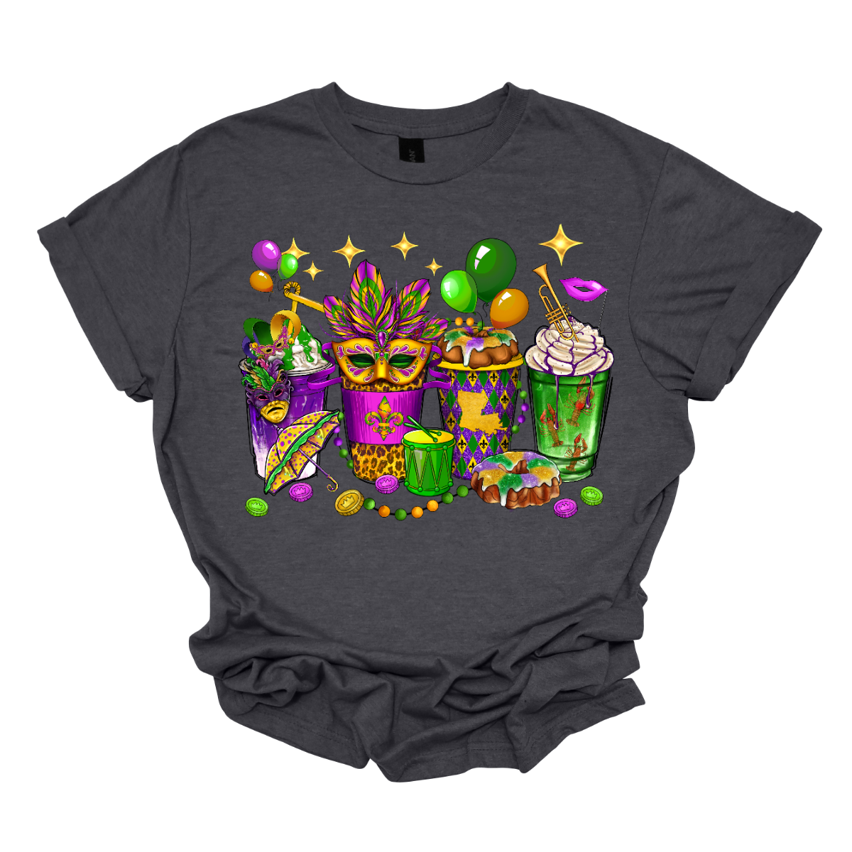 A vibrant and spirited homage to the lively festivities of this iconic carnival celebration. This shirt is a visual masterpiece, adorned with a dazzling array of symbols that encapsulate the true essence of Mardi Gras. From the intricate masquerade masks that evoke the mystery and allure of the carnival to the beaded necklaces that symbolize the joyous spirit of giving, this T-shirt is a tapestry of Mardi Gras symbols. Shop at Gorgeousware.com