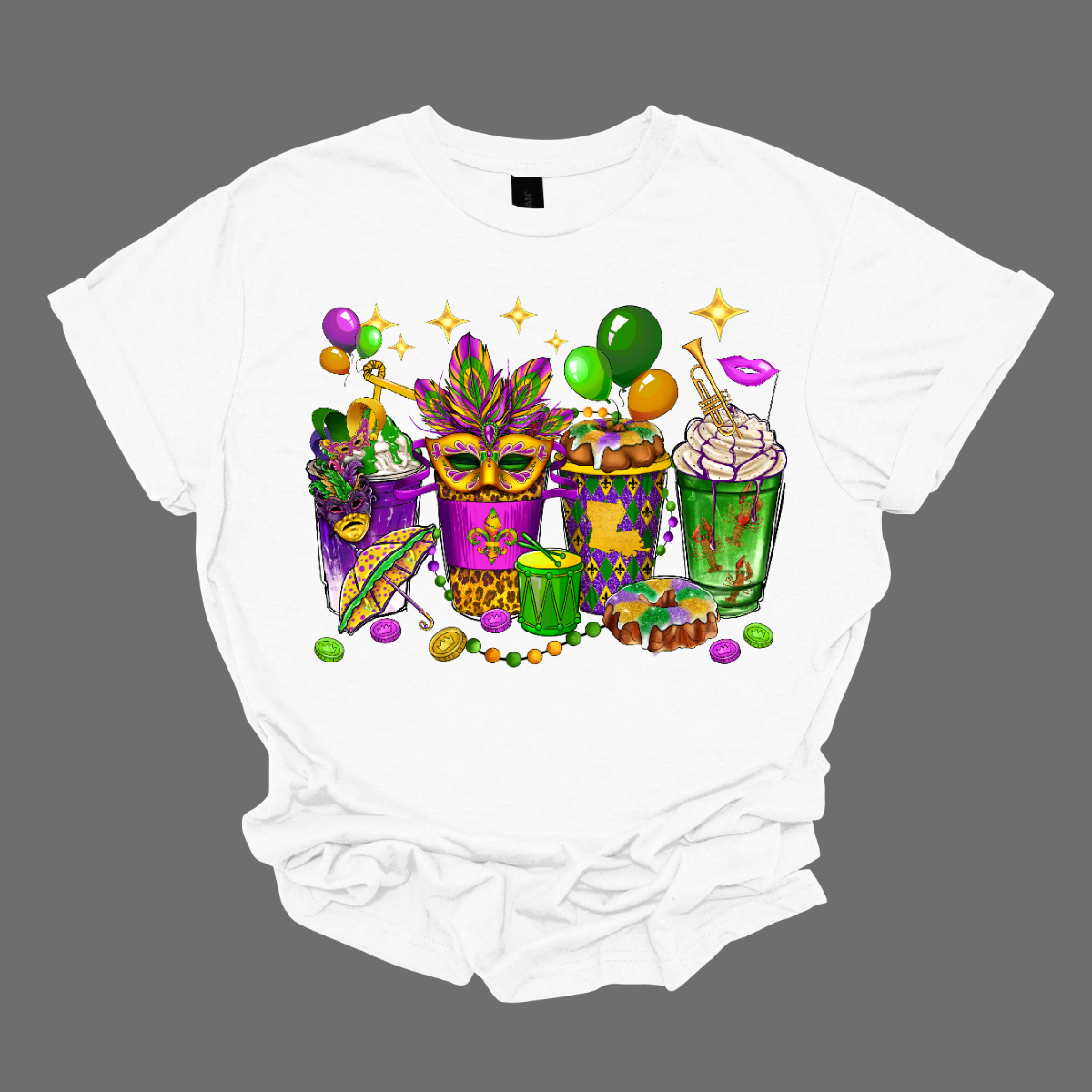 A vibrant and spirited homage to the lively festivities of this iconic carnival celebration. This shirt is a visual masterpiece, adorned with a dazzling array of symbols that encapsulate the true essence of Mardi Gras.  From the intricate masquerade masks that evoke the mystery and allure of the carnival to the beaded necklaces that symbolize the joyous spirit of giving, this T-shirt is a tapestry of Mardi Gras symbols. Shop at Gorgeousware.com