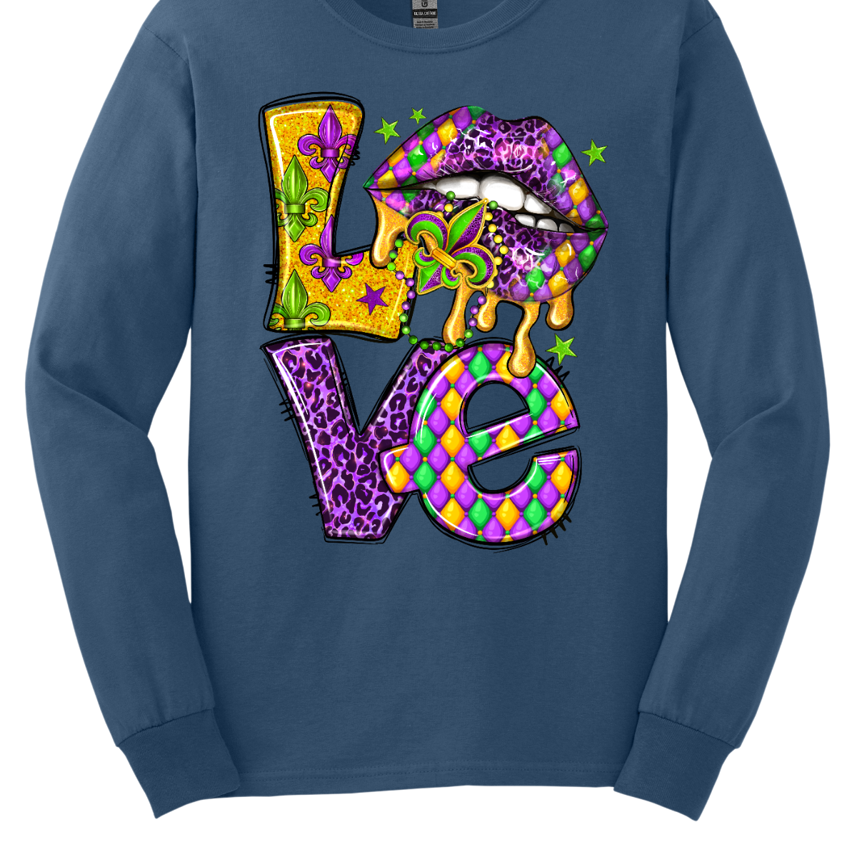 A fusion of festive flair and affectionate charm. This shirt is a unique expression of love, adorned with the word "Love" spelled out in bold, vibrant letters, and the 'o' replaced with playful lips that add a touch of whimsy and mischief. The design captures the joyous spirit of Mardi Gras while infusing a romantic and playful element. The word "Love" takes center stage, surrounded by the lively energy of the carnival celebration. Shop at Gorgeousware.com