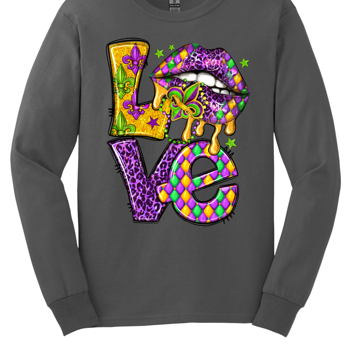 A fusion of festive flair and affectionate charm. This shirt is a unique expression of love, adorned with the word "Love" spelled out in bold, vibrant letters, and the 'o' replaced with playful lips that add a touch of whimsy and mischief.  The design captures the joyous spirit of Mardi Gras while infusing a romantic and playful element. The word "Love" takes center stage, surrounded by the lively energy of the carnival celebration. Shop at Gorgeousware.com