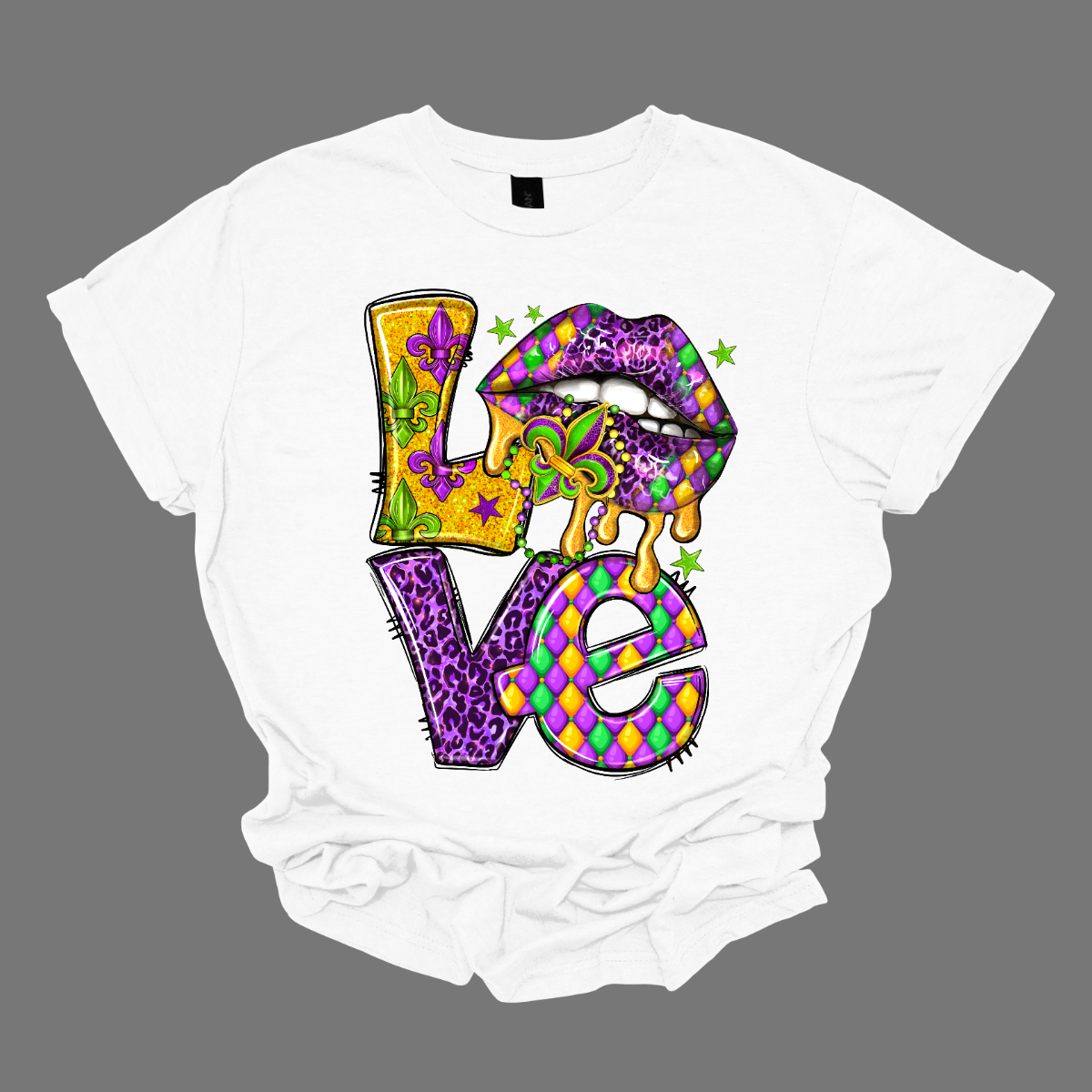 A fusion of festive flair and affectionate charm. This shirt is a unique expression of love, adorned with the word "Love" spelled out in bold, vibrant letters, and the 'o' replaced with playful lips that add a touch of whimsy and mischief. The design captures the joyous spirit of Mardi Gras while infusing a romantic and playful element. The word "Love" takes center stage, surrounded by the lively energy of the carnival celebration. Shop at Gorgeousware.com