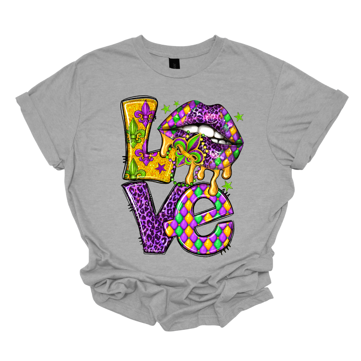 A fusion of festive flair and affectionate charm. This shirt is a unique expression of love, adorned with the word "Love" spelled out in bold, vibrant letters, and the 'o' replaced with playful lips that add a touch of whimsy and mischief. The design captures the joyous spirit of Mardi Gras while infusing a romantic and playful element. The word "Love" takes center stage, surrounded by the lively energy of the carnival celebration. Shop at Gorgeousware.com