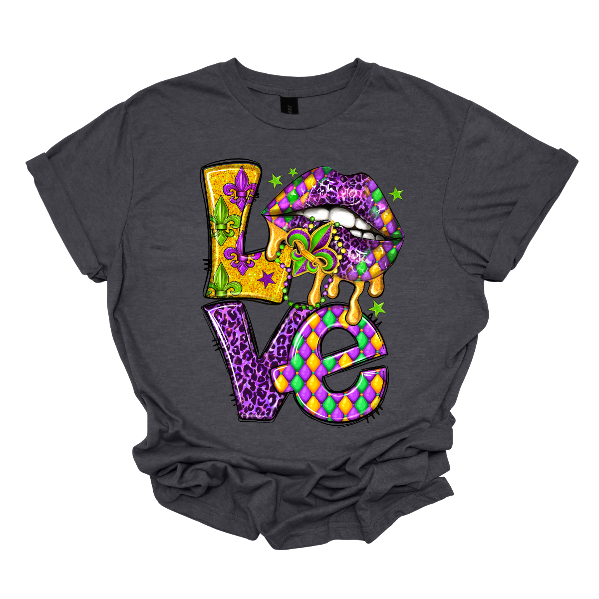 A fusion of festive flair and affectionate charm. This shirt is a unique expression of love, adorned with the word "Love" spelled out in bold, vibrant letters, and the 'o' replaced with playful lips that add a touch of whimsy and mischief. The design captures the joyous spirit of Mardi Gras while infusing a romantic and playful element. The word "Love" takes center stage, surrounded by the lively energy of the carnival celebration. Shop at Gorgeousware.com